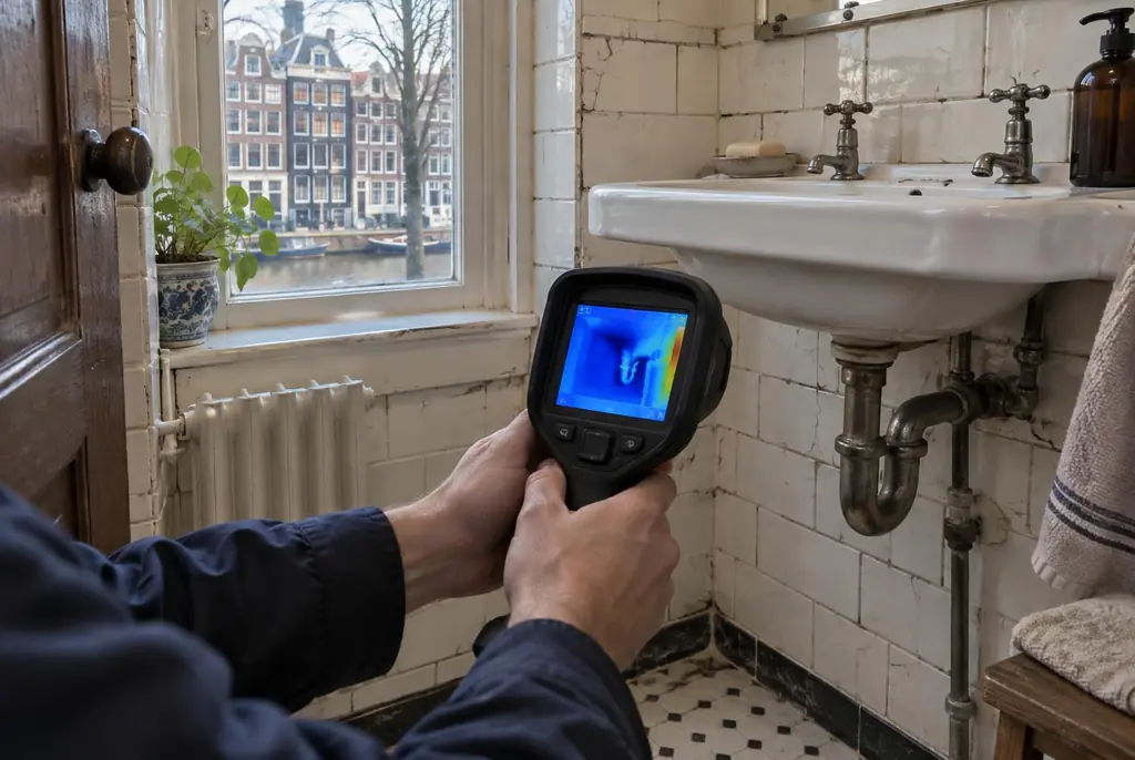 Lekdetectie Muiden – badkamer met oude leidingen achter de tegels