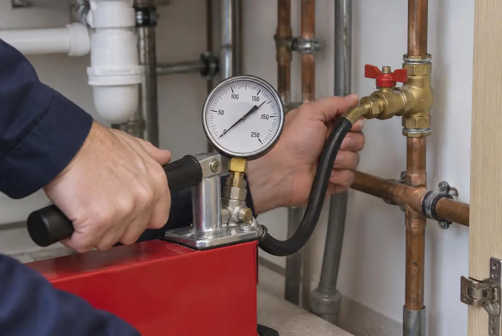 Lekdetectie Muiden – druktest op een waterleiding met een manometer