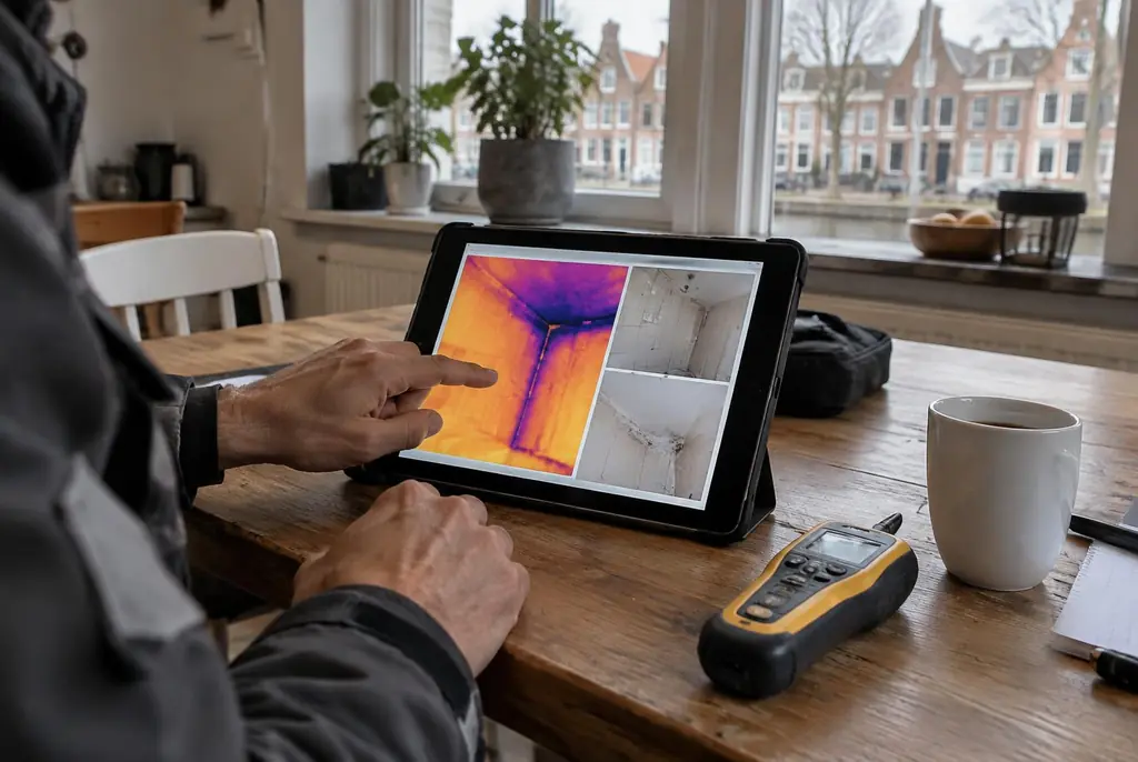 Lekdetectie Muiden – lekdetectierapport met warmtebeelden en foto's op een tablet