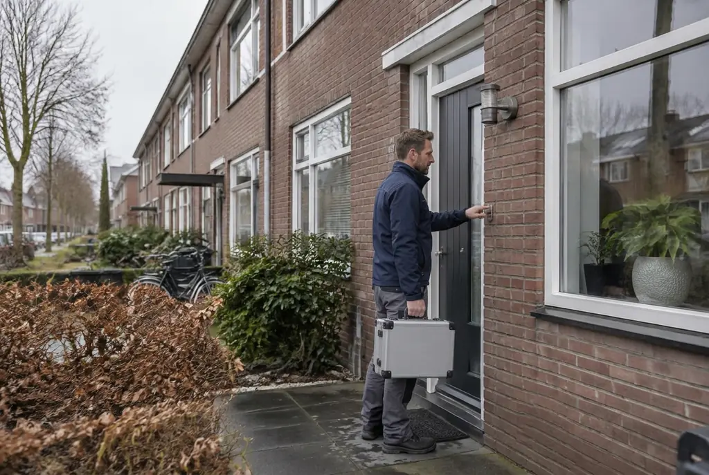 Lekdetectiespecialist met meetkoffer bij de voordeur van een woning in Muiden